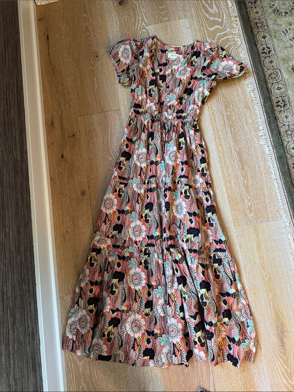 Anthropologie Somerset Coral Floral Maxi Dress with Black Accents